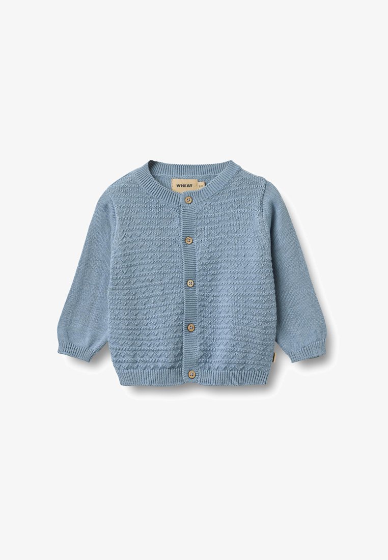 Cardigan pour bébé tricoté bleu clair avec devant texturé, boutons en bois, poignets, col et ourlet côtelés.