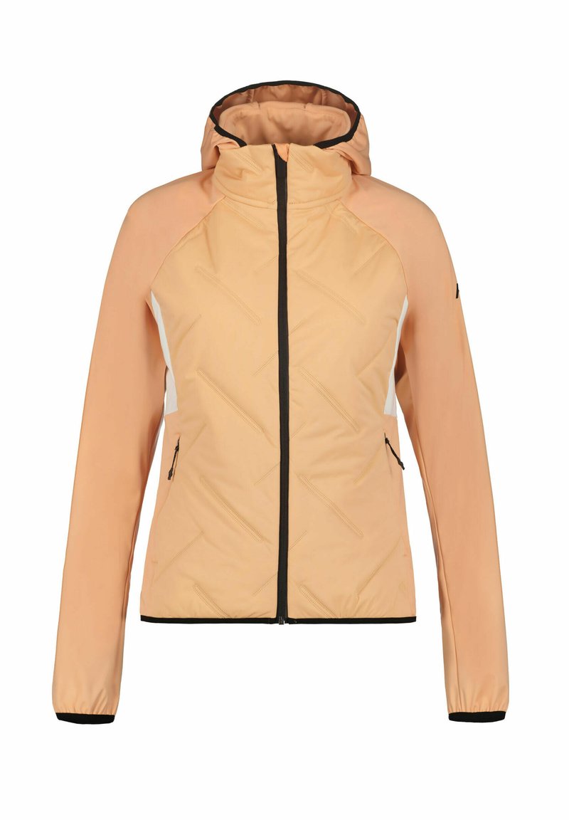 Chaqueta de color melocotón con capucha, que presenta un diseño acolchado, cremallera negra y bolsillos laterales. Paneles laterales blancos en contraste.