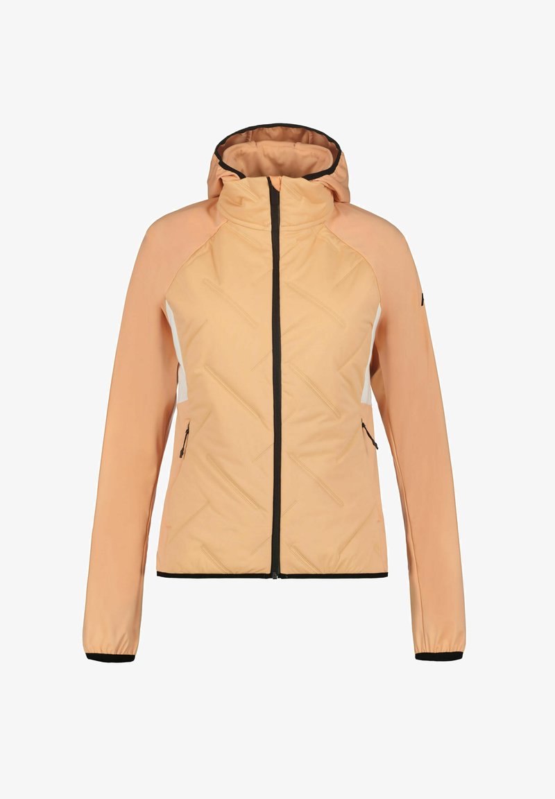 Chaqueta de color melocotón con capucha, que presenta un diseño acolchado, cremallera negra y bolsillos laterales. Paneles laterales blancos en contraste.