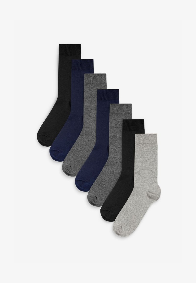 Sæt af otte sokker i forskellige farver: sort, mørkeblå, grå og lys grå. Fremstillet af et glat strikket stof med ribbede manchetter.