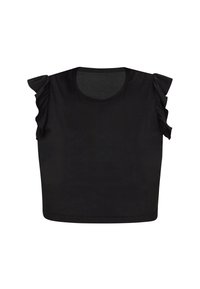 Sort cropped top med korte, Volangærmer og rund halsudskæring. Lavet af glat stof med en ensfarvet og minimalistisk design.