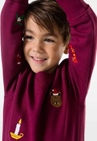 Bordeauxfarbener Kapuzenpullover mit gestickten Designs, darunter eine Katze mit einem Weihnachtsmannhut, eine Kerze und festliche Akzente an den Ärmeln. Weicher Stoff.