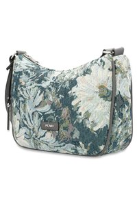 Sac à épaule à motif floral turquoise avec des accents clairs et foncés. Tissu texturé avec des finitions en cuir lisse et une fermeture éclair en argent.