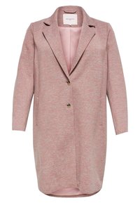 Vaaleanpunainen teksturoitu takki, jossa on herringbone-kuvio, notched-lapeli, yksittäinen nappilukko ja kaksi etutaskua.