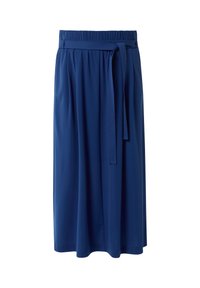 Blaue Midirock aus weichem Stoff, mit elastischem Bund, verstellbarem Gürtel und gefaltetem Design für zusätzliches Volumen.