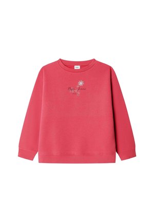 Rotes Sweatshirt mit langen Ärmeln, gerippten Bündchen und Saum, mit kleinem Blumenmotiv und dem Schriftzug „Pepe Jeans 1973“ auf der Brust.