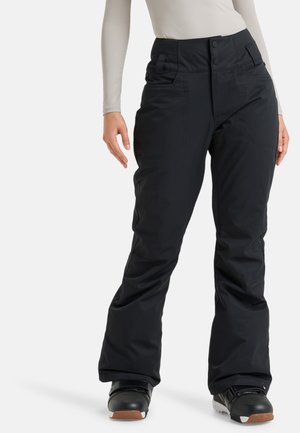 Black ski pants made of waterproof fabric, featuring a high waist, front button closure, and side pockets for functionality.