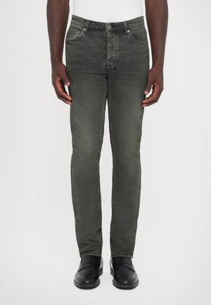 Dark grey denim jeans with a slim fit, five-pocket design, and a button closure. Textured fabric with subtle fading and stitching details.