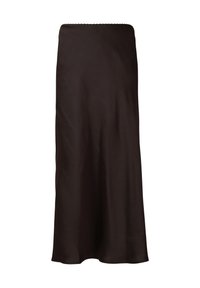 Jupe midi en satin noir avec une silhouette droite et un léger évasement à l'ourlet, sans motifs ni embellissements visibles.