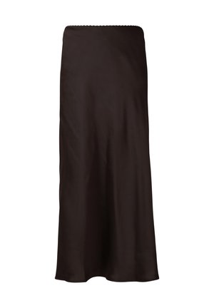 Schwarzer Satin-Midirock mit gerader Silhouette und subtiler Saumaufschlägen, ohne sichtbare Muster oder Verzierungen.