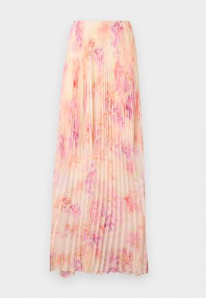 Plissé maxi rok van zachte, lichte stof met een pastel bloemenpatroon in roze en lavendel tinten. Elastische tailleband en vloeiende ontwerp.