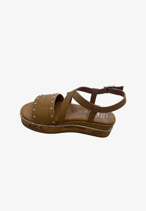 Sandalo platform marrone con cinturino alla caviglia, borchie decorative sulla fascia anteriore e design a mappa sul bordo della suola, misura 35.