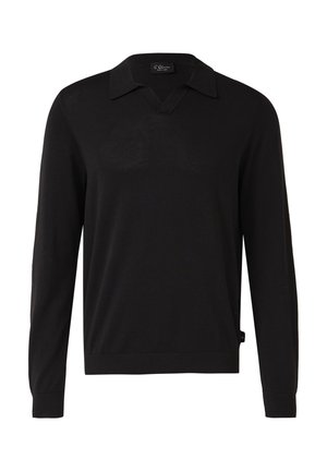 Pull en maille noir à manches longues avec col polo à encoche en V et poignets et ourlet côtelés, présenté sur un fond blanc.