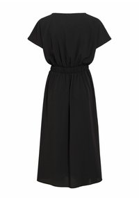 Μαύρο midi φόρεμα με κοντά μανίκια, ελαστική μέση με πιέτες και φαρδιά φούστα σε γραμμή Α, εμφανίζεται από πίσω σε λευκό φόντο.