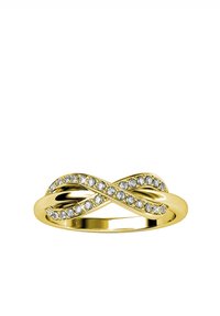 Anello in tono oro con un design a infinito, adornato da gemme trasparenti scintillanti lungo la fascia attorcigliata per accentuare l'eleganza.