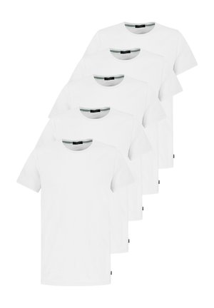 Five white cotton t-shirts with round necks and short sleeves. Each features a small black label on the hem and a simple, smooth texture.