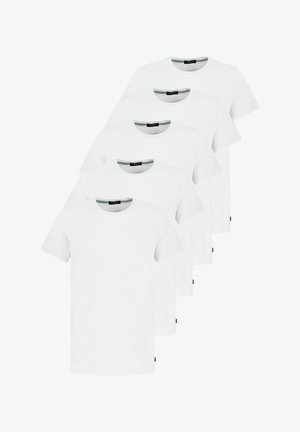 Five white cotton t-shirts with round necks and short sleeves. Each features a small black label on the hem and a simple, smooth texture.