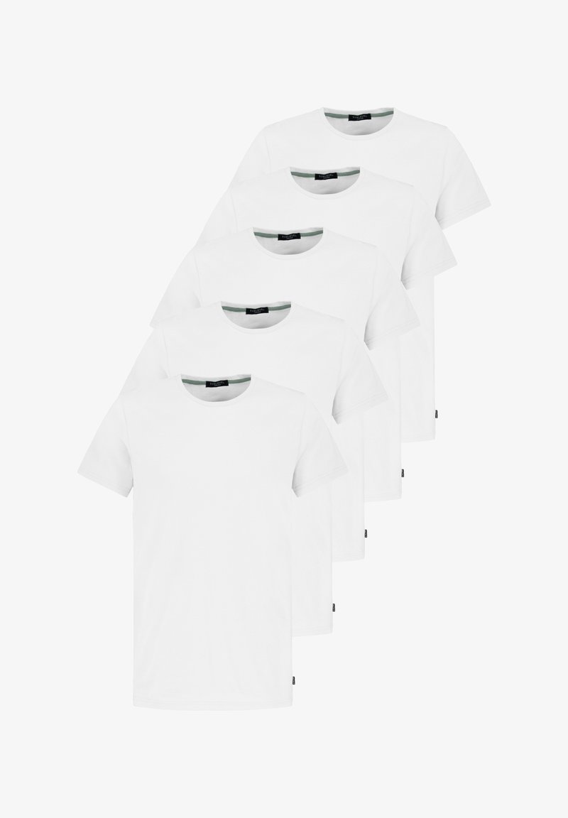 Five white cotton t-shirts with round necks and short sleeves. Each features a small black label on the hem and a simple, smooth texture.