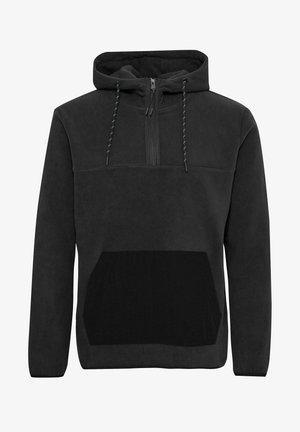 Hoodie en polaire noir avec poche kangourou, fermeture éclair mi-longue, cordons de serrage ajustables, et contraste de texture sur la zone de la poche.