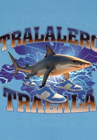 Rekin z szaro-białym ciałem noszący niebieskie trampki, na jasnoniebieskim tle z napisem "TRALALERO TRALALA".