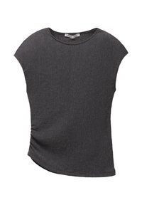 Haut à manches courtes gris foncé avec un tissu texturé en côtes et un ourlet asymétrique. Il possède un encolure large et un détail froncé sur le côté.