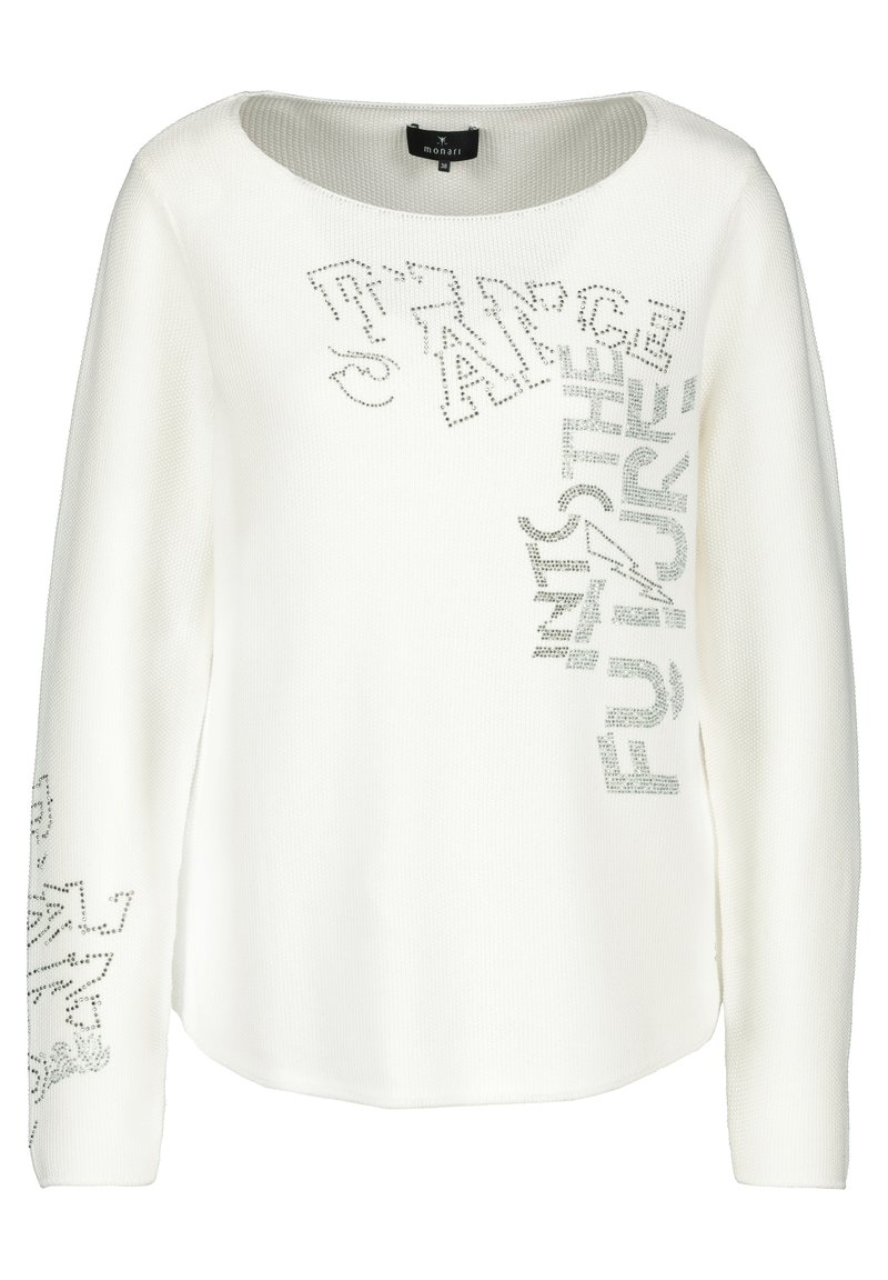 Maglione a maniche lunghe bianco in maglia con motivi di testo incassato in argento che leggono "STRANGE" e "FUTURE" sulla parte anteriore e sul maniche sinistro.