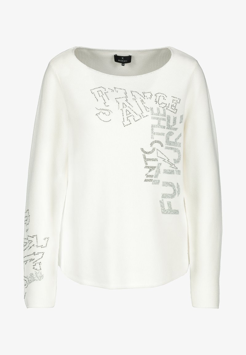 Maglione a maniche lunghe bianco in maglia con motivi di testo incassato in argento che leggono "STRANGE" e "FUTURE" sulla parte anteriore e sul maniche sinistro.