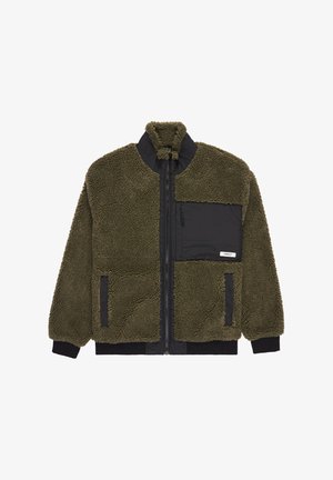 Olivgrüne Fleecejacke mit einer Vorderseite aus schwarzem Nylon, Reißverschluss und hohem Kragen. Verfügt über eine weiche Textur und gerippte Bündchen.