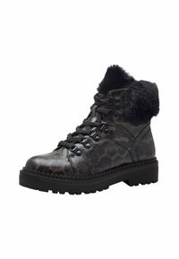 Bottines à col en fourrure à motif léopard noir et marron, avec un design à lacets et une semelle robuste. Comprend des œillets en métal et des accents cousus.