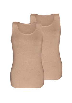 Two plain beige sleeveless tank tops with round necklines, shown flat against a white background.