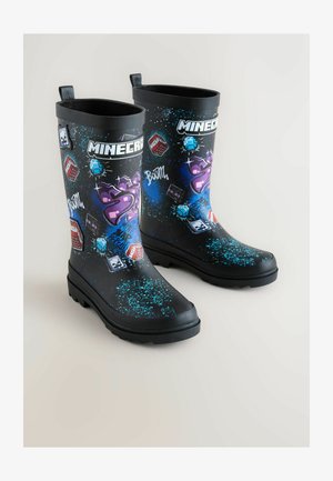 Cizme negre impermeabile din cauciuc, cu grafice în albastru și mov tematice Minecraft, având pictograme decorative și text îndrăzneț pe o suprafață texturată.