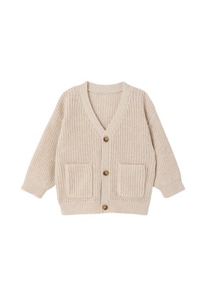Beige knitted cardigan with V-neck, three brown buttons, long sleeves, and two front pockets, laid flat on a white background.