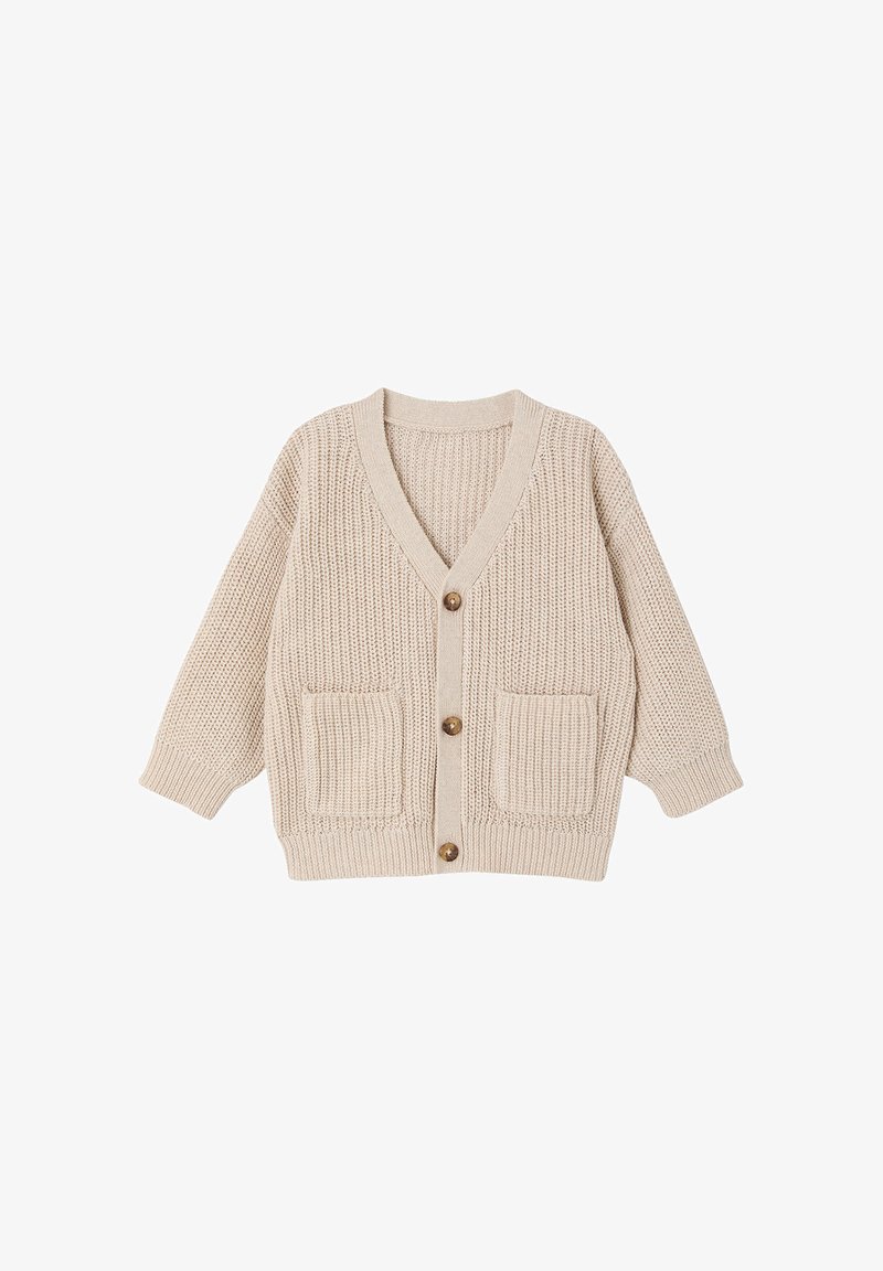 Beige knitted cardigan with V-neck, three brown buttons, long sleeves, and two front pockets, laid flat on a white background.