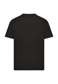 Ein schlichtes schwarzes T-Shirt mit kurzen Ärmeln, von hinten betrachtet, mit Rundhalsausschnitt und ohne sichtbare Logos oder Designs.