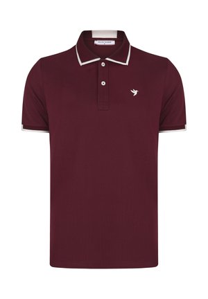 Bordeaux polo skjorte med en kontrastfarvet hvid krave og ærme trim; har en knaplukning og et lille broderet fuglelogo.