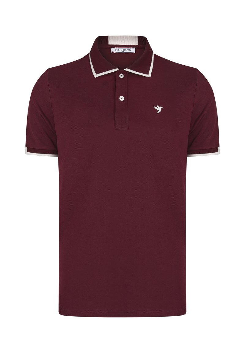 Bordeaux polo skjorte med en kontrastfarvet hvid krave og ærme trim; har en knaplukning og et lille broderet fuglelogo.