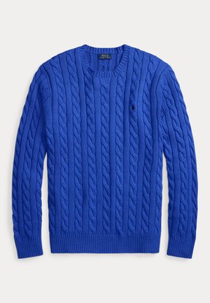 Blå kabelstrikket crewneck sweater med ribkanter ved ærmer og kant, med en lille Polo Ralph Lauren-logo på venstre bryst.