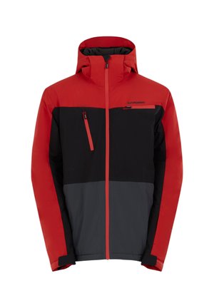 Veste extérieure à capuche rouge, noire et grise avec fermeture éclair à l'avant et poches poitrine, conçue pour les temps froids.