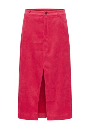 Jupe en velours côtelé rouge au design droit, longueur genoux, avec une fente à l'avant, une taille avec passants de ceinture, et un détail de bouton noir.