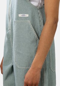 Salopette en denim bleu rayé avec une fermeture éclair sur le côté, une grande poche et une étiquette. Le tissu a une finition texturée avec des coutures visibles.