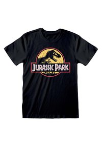 Černé bavlněné tričko s grafikou dinosaura a textem "Jurassic Park" v červené a žluté barvě, se efektivním opotřebením.