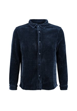 Chemise en velours côtelé bleu foncé à manches longues avec des boutons sur le devant et un col classique, présentée sur fond blanc.