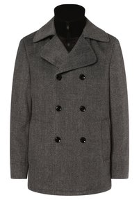 Cappotto in lana grigio a doppio petto con bottoni neri e colletto a dolce vita nero con zip sotto su sfondo bianco.