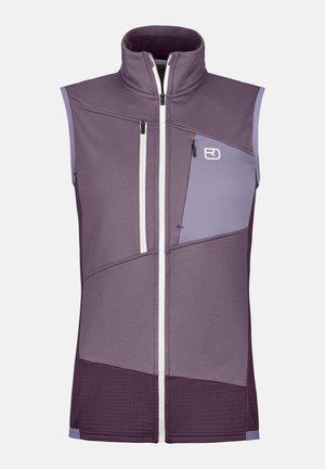 Sleeveless vest in shades of purple, featuring a high collar, multiple zippered pockets, and a textured fabric with geometric paneling.