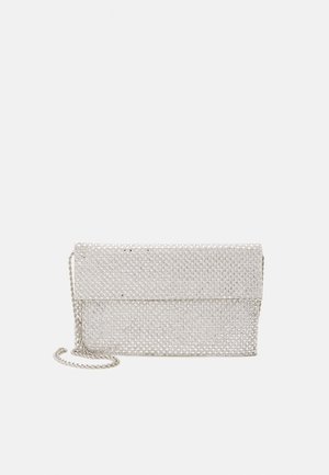 Silver mesh clutch bag with a textured, woven design, featuring a fold-over flap and a removable chain strap for carrying.