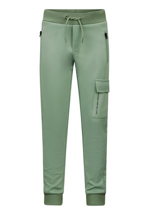 Lichtgroene joggingsbroek met een verstelbare tailleband, twee ritszakken en een cargozak met afgedrukte tekst. Gemaakt van een zachte, elastische stof.