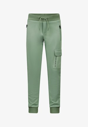 Lichtgroene joggingsbroek met een verstelbare tailleband, twee ritszakken en een cargozak met afgedrukte tekst. Gemaakt van een zachte, elastische stof.