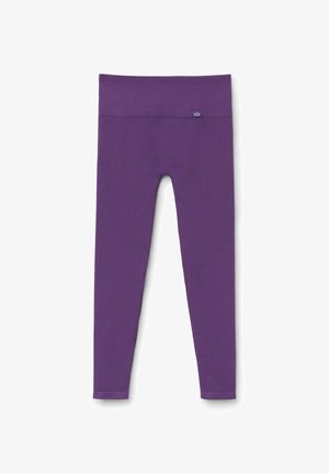 Lila Leggings aus dehnbarem Material, mit einem breiten Bund und einer glatten, einfarbigen Textur. Keine Muster oder sichtbaren Hardware-Details.