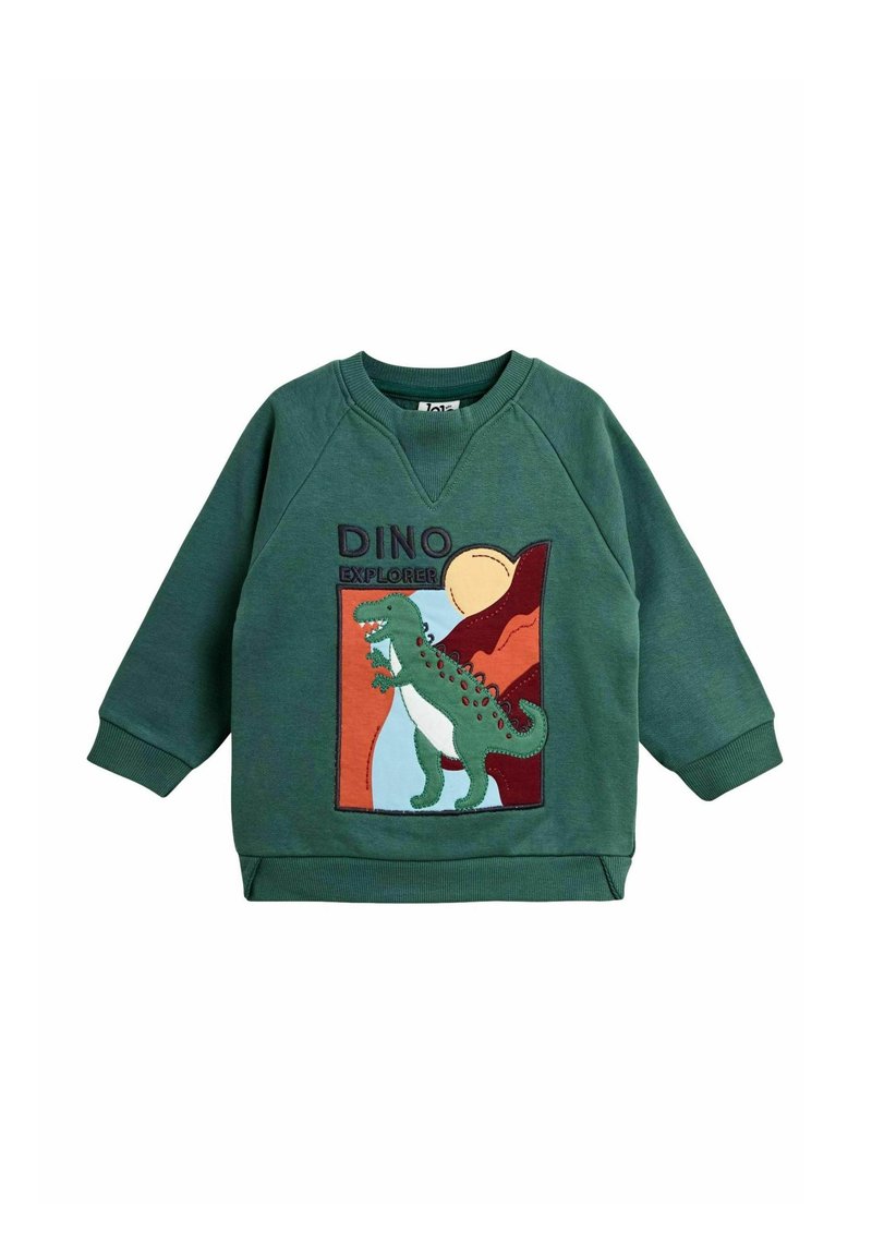 Zelená bavlněná mikina s potiskem dinosaura, vyšívaným nápisem "DINO EXPLORER" a barevnými pozadími. Kulatý výstřih a žebrované manžety.