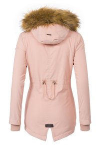 Parka rosa con capucha de pelo sintético, cintura ajustable y puños acanalados. Tejido suave con una abertura en la parte posterior para facilitar el movimiento.